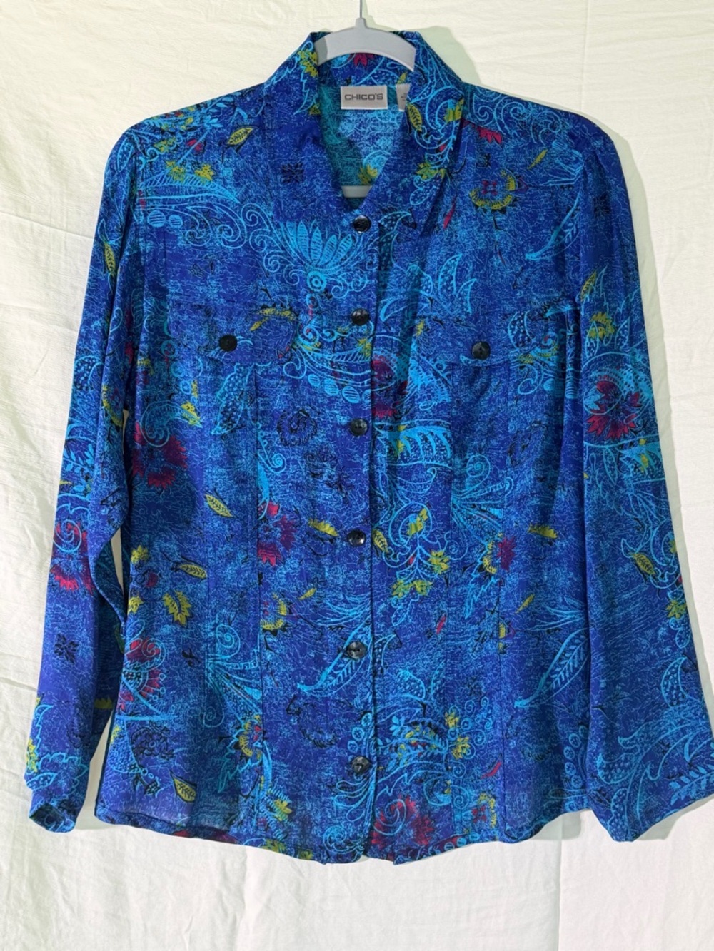 Chico's Vibrant 100% Silk Blue Paisley Button-Down Shirt
